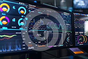 Multiple computer monitors displaying real-time analytics, charts, and graphs data analysis