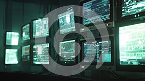 Multiple computer monitors showing various data in a darkened room