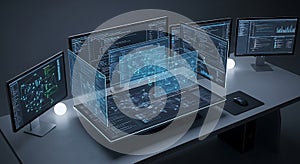 Multiple computer screens display complex data visualizations and code in a modern workspace