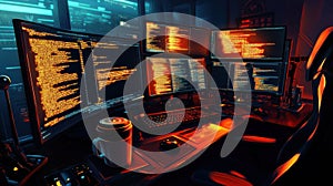 Multiple computer screens displaying code in a dark office environment during night hours