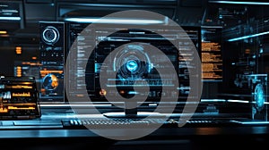 Futuristic command center showing charts, data analysis and code on multiple screens