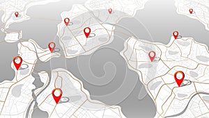 Multiple destinations. Gps tracking map. Track navigation pins on street maps, isometric navigate mapping, locate