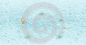 Multiple destinations. Gps tracking map. Track navigation pins on street maps, navigate mapping technology and locate