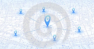 Multiple destinations from home. Gps tracking map. Track navigation pins on street maps, navigate mapping technology and