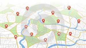 Multiple destinations, isometric. Gps tracking map. Track navigation pins on street maps, navigate mapping technology