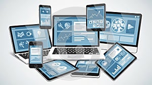 Multiple devices with data visualizations isolated on white background