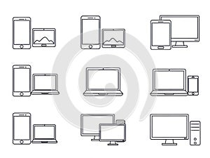 Multiple devices displaying data visualizations isolated on white background