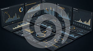 Multiple digital dashboards display various data visualizations, including line graphs,