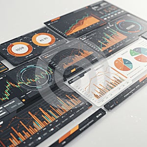 Multiple digital dashboards displaying various data visualizations, including bar