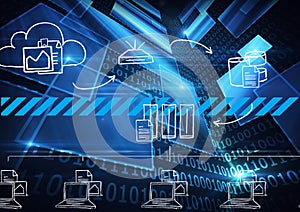 Multiple digital icons against binary coding data processing on blue background