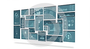 Multiple digital interface screens display various data visualizations and icons. These