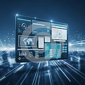 With multiple digital panels displaying graphs world map data
