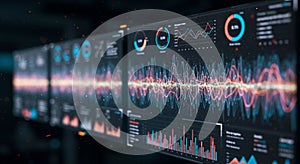Multiple digital screens display complex data visualizations, including graphs, bar