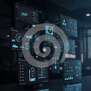 Multiple digital screens display complex data visualizations and user interfaces