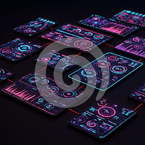 Multiple digital screens display futuristic interfaces, each featuring various graphical