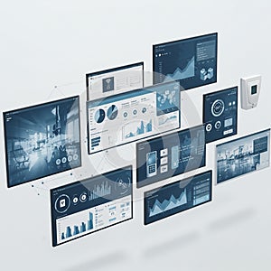 Multiple digital screens display various data-driven dashboards, charts, graphs, and