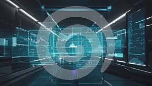 Multiple digital screens float in 3D space, displaying stock charts and futuristic data visuals in a glowing tech