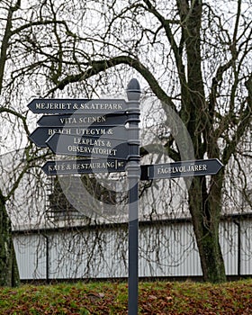 Multiple direction signs placed in the public park Stadsparken in Lund Sweden