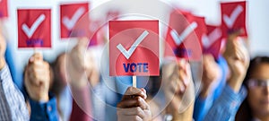 Multiple diverse hands holding red VOTE signs with check marks, advocating for participation. Collective display of