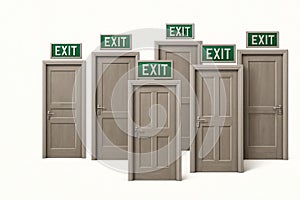 Multiple doors with EXIT signs above each.