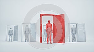 Multiple doors opened with man standing in front. Opportunities and choice concept