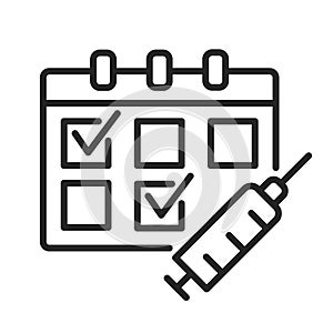 Multiple-Dose Vaccine Schedules outline icon. Calendar and syringe for medication injection. Two dose vaccination