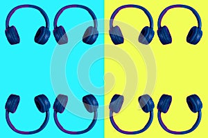 Multiple doubled wireless headphones on vivid two colored background in cyan and yellow