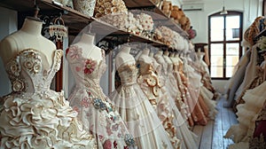 Multiple dresses neatly displayed on a shelf. Dresses Arranged Neatly on a Shelf photo