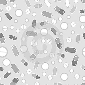 Multiple drugs pills and capsules medicine seamless pattern in gray, vector