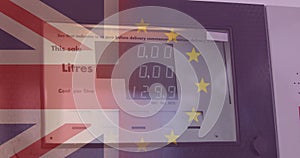 Multiple exposure of british and european union flags over meter on cabinet at gas station