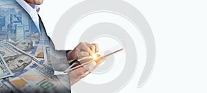 Multiple exposure of business man is using tablet to command finiancial with empty space