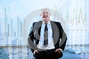 Multiple exposure of businessman, scheme, cityscape. Trade concept