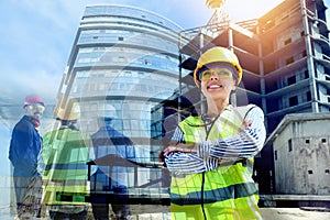 Multiple exposure of female industrial engineer, workers and construction