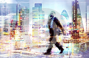 Multiple exposure image of walking people in London. Business concept illustration.