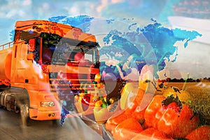 Multiple exposure of truck, fresh vegetables and world map. Wholesale