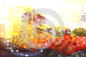 Multiple exposure of trucks, fresh fruits, world globe. Wholesale concept