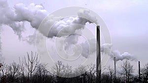 Multiple Factory chimney smoke on a gray day. Monochromatic.