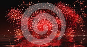 Multiple fireworks in a composition in shades of red, reflecting in water.