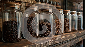 Multiple glass jars filled with varying shades of coffee grounds each representing a different roast level of premium