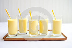 multiple glasses of mango lassi lined up for a party served with short straws