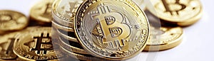 Multiple Gold Bitcoin Coins Stacked, Symbolizing Growth Generative AI Illustration photo