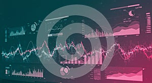 Multiple graphs and charts display various data visualizations on a digital interface.