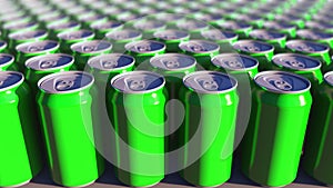 Multiple green aluminum cans, shallow focus. Soft drinks or beer production. Recycling packaging. 3D rendering