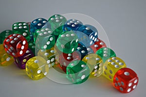 Multiple green yellow purple blue red plastic arcylic d6 six sided die dice variable focus