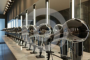 Multiple hair dryers lined up neatly on a counter, A row of hair dryers lined up in front of a long row of mirrors, creating a photo
