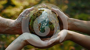 The hands holding mossy globe.AI generated image