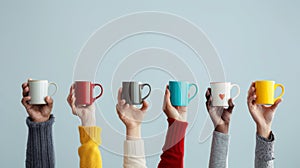 A Variety of Hands Holding Mugs.AI generated image