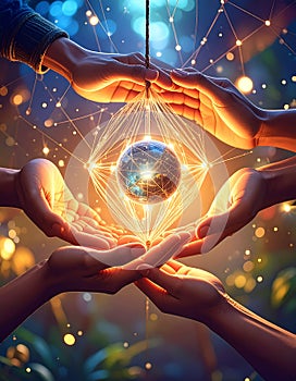 Multiple hands support a glowing global network, symbolizing unity, technology, and a shared future