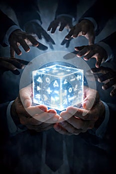 Multiple Hands Surrounding A Luminous Data Cube Symbolizing Obsession Control And Digital Dominance