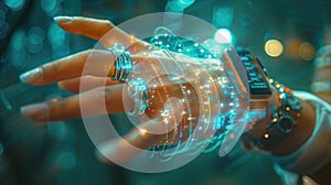 Group of hands with smartwatches connected digitally photo